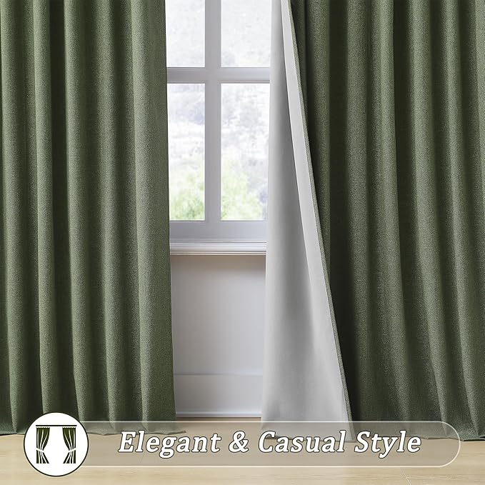 RAIN CITY 90 Inch Long Linen Blackout Curtains 2 Panels Set, Back Tab Pinch Pleated with Hooks, Thermal Insulated Modern Neutral Decor Window Curtain Drapes for Bedroom,- Loden/Olive Forest W50 x L90
