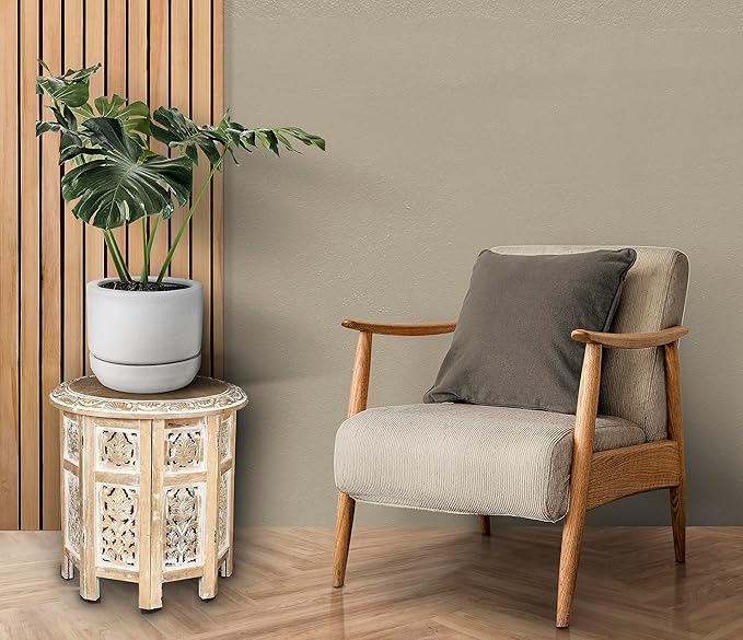 Lightnpro Hand Carved Solid Mango Wood Octagonal Accent Table - 18"×18" White Wash Farmhouse Vintage Home Décor Round End Table for Living Room, Bedroom, Entryway - Rustic Boho Side Table