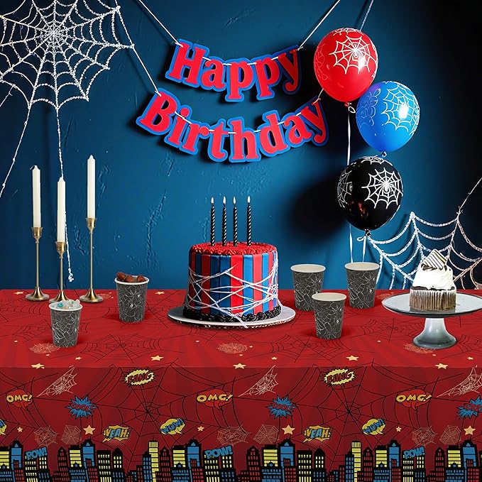 ATFUNSHOP Spider Superhero Disposable Tablecloth - Birthday Decorations Supplies with Spider Web Design, Happy Birthday Table Cover for Kids Boys Man Party Decor, Decoración de Cumpleaños