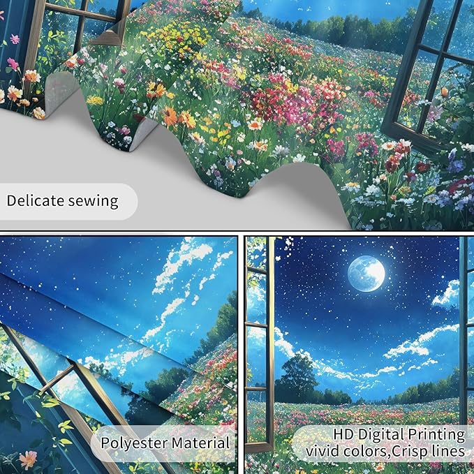 LB Wildflower Moon Tapestry, Window Forest Plant Green Leaf and Garden Colorful Floral Wall Tapestry for Bedroom, Night Sky Wall Art for Living Room Dorm Home Decor Ready to Hanging, 59 x 51 Inches
