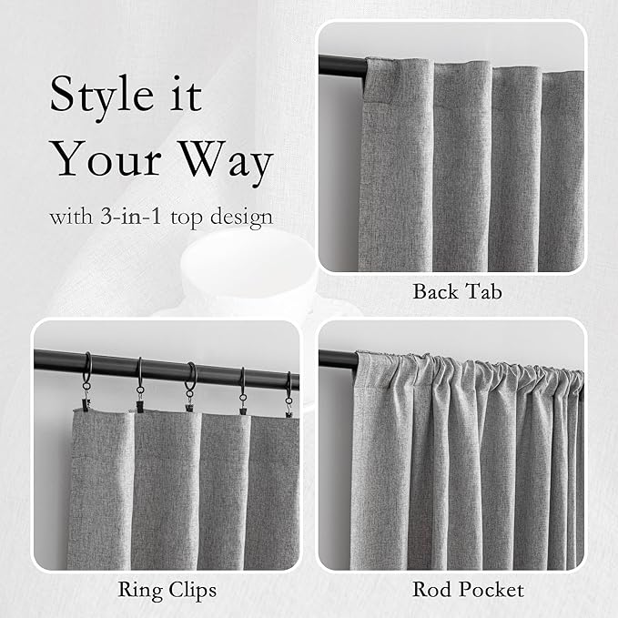 MYSKY HOME 90 Inches Long Living Room Curtains 2 Panels Boho Semi Sheers Light Filtering for Bedroom Windows, Linen Look Texture Soft Touch Country Back Tab, 50" Wide x 90" Long, Dove Grey, 2 Panels