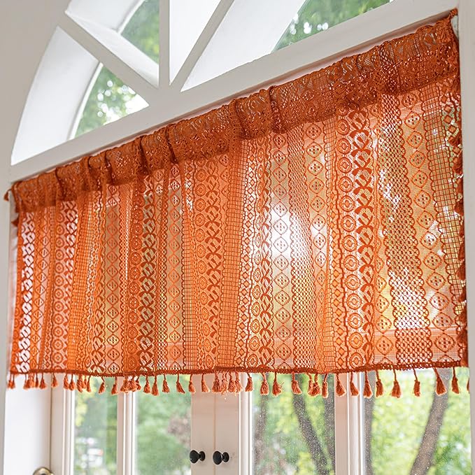 Sutuo Home Boho Valance Short Curtains for Kitchen Crochet Lace Sheer Bohemian Hollow Knitted with Tassels, Privacy Vintage Rustic Farmhouse Drapes, Rod Pocket 1 Panel 59" W x 18" L, Orange