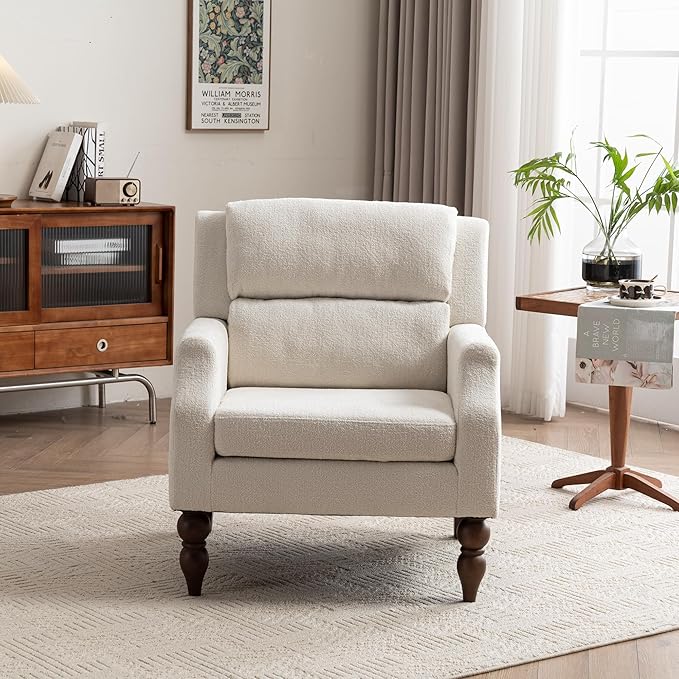 Kidol & Shellder White Oversized Accent Chair for Living Room Mid Century Modern Reading Chair with Back Wide Upholstered Comfy Single Sofa Chair for Bedroom Lounge Side Corner Chair Fabric Armchair