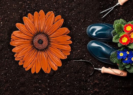 NAT & Jules Gerbera Daisy Flower Shaped Dimensional Indoor Outdoor 12 inch Cast Resin Decorative Garden Stepping Stone, Patio, Walkway Sculpture Yard Art, Orange