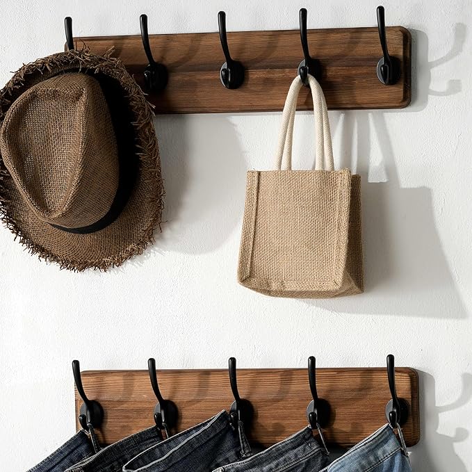 SKOLOO Rustic Wall Mounted Coat Rack, Case of 2, Pine Solid Wood Coat Hook Hanger - 5 Hooks for Hanging Clothes Robes Towels Coats