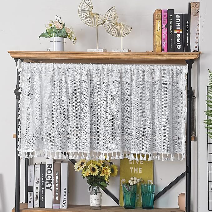 Sutuo Home Boho Sheer Curtain Valance Crochet Lace with Bohemian Hollow Knitted Handmade Tassels, Short Farmhouse Window Treatment for Kitchen Cafe, Rod Pocket, 1 Panel 59" W x 24" L, White