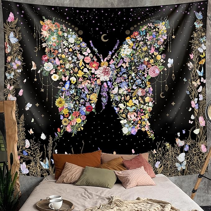 Damanse Butterfly Tapestry Wall Hanging Cute,Boho Wall Tapestry for Bedroom Aesthetic,Flower Living Room Decor for Teen Girls (Black, 49.20" x 59.10")