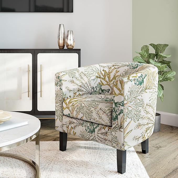 BELLEZE Living Room Chairs Set of 2, Linen Round Accent Barrel Chairs, Club Tub Sofa Chairs for Bedroom, Corner Chairs with Flared Legs and Cozy Soft Padding - Highland (Green Coral)