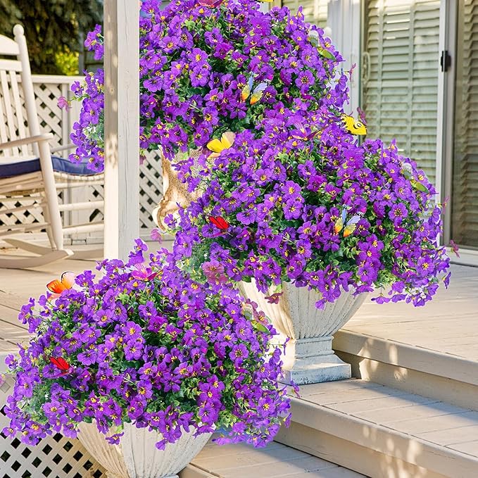 ‌20 Bundles Artificial Flowers for Outdoors‌ with 6 Faux Butterflies, UV Resistant ‌Fake Flowers‌ with Eucalyptus Leaves, ‌Artificial Plants Outdoor‌ for Patio Garden Porch Home Decor (Purple)