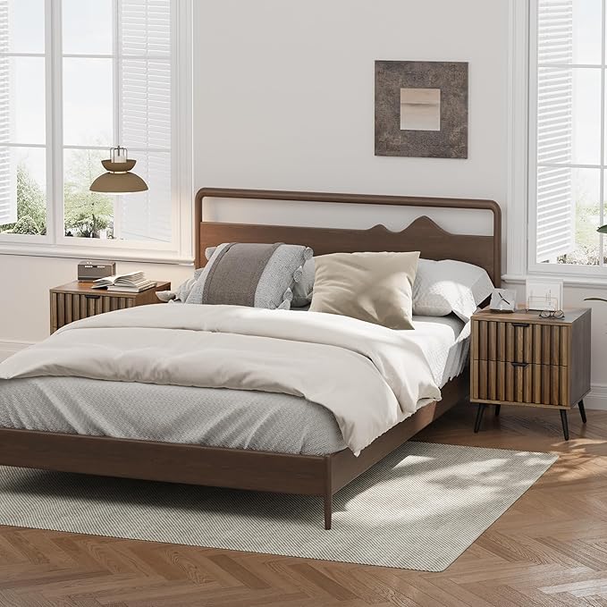 Smuxee Walnut Wooden Night Stand, Mid Century Nightstand with 2 Fluted Drawers, Bedside Table with Metal Feet, Modern End Side Table for Bedroom