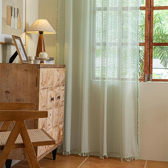 Sutuo Home Boho Sheer Curtains for Kitchen Kid's Room,Crochet Lace Bohemian Hollow Knitted Handmade Tassels Window Treatment Vintage Chic Rod Pocket Farmhouse Drapes, 1 Panel 59" W x 63" L, Mint Green