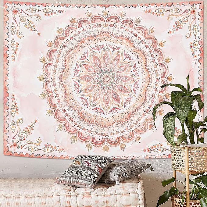 Fowocu Boho Floral Mandala Tapestry Wall Hanging Pink Bohemian Flower Medallion Tapestry Aesthetic Watercolor Hippie Indian Large Tapestries for Bedroom Living Room Dorm Decor 80 x 60 Inch