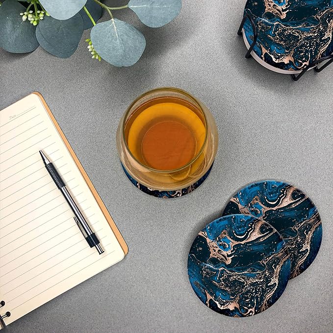 Emerson Coasters for Drinks Absorbent – Natural Stone Drink Coasters Set with Holder, Coasters for Coffee Table, Wooden Tabletop Protection Marble Style – 100% Heavy Duty Set of 6 (Royal)