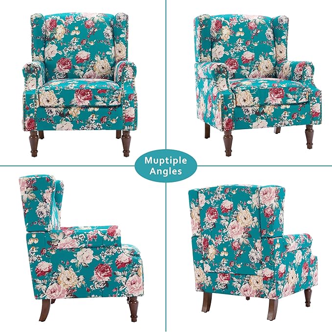 Lumibee Wingback Accent Chair,High Back Floral Armchairs in Fabric,Comfy Upholstered Reading Single Sofa Chair with Solid Wood Legs for Living Room,Bedroom,Office-Peacock Blue