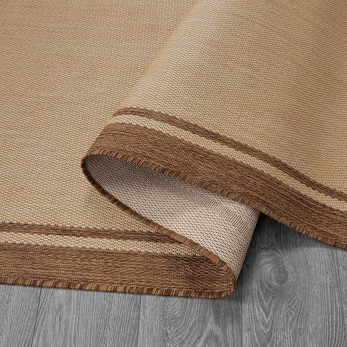 CAMILSON Outdoor Rug 8x10 Bordered Natural Brown Modern Area Rugs for Indoor and Outdoor Patios, Kitchen and Hallway Mats, Washable Porch Deck Outside Carpet (Border Jute, 8 x 10)
