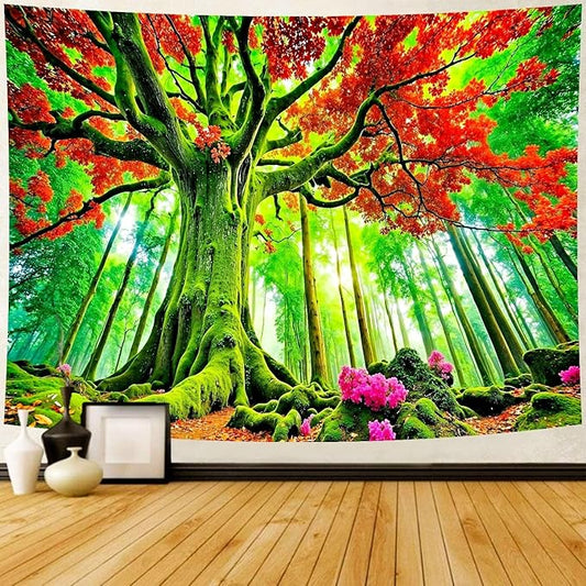 Delur Forest Tapestry Tree of Life Green Landscape Rainforest Wall Hanging Tapestry Colorful Mystical Nature Spiritual Psychedelic Headboard for Bedroom Living Room Home Decor (51.2" x 59.1")