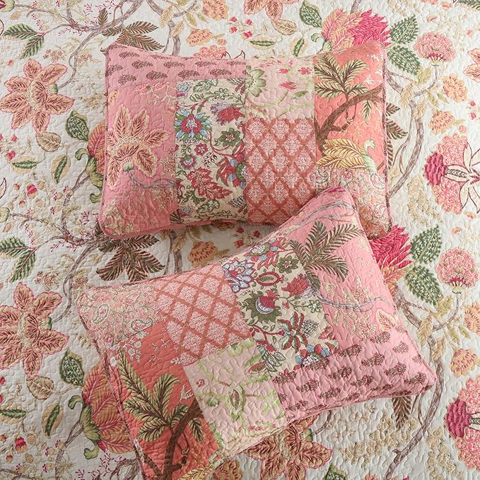 NEWLAKE Cotton Patchwork Bedspread, 3-Piece Bedding Quilt Set with Real Stitched Embroidery, Reversible Matelasse Bed Coverlet Set,Bohemian Floral,California King Size