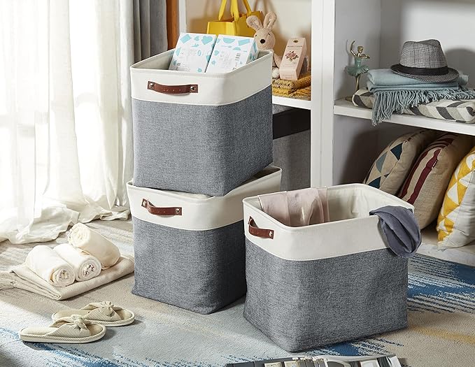 DECOMOMO Extra Large Storage Baskets 54.5L Fabric Storage Bins for Organizing Linen Closet, Toys, Nursery (Slate Grey and White, XXXL - 3 pack)