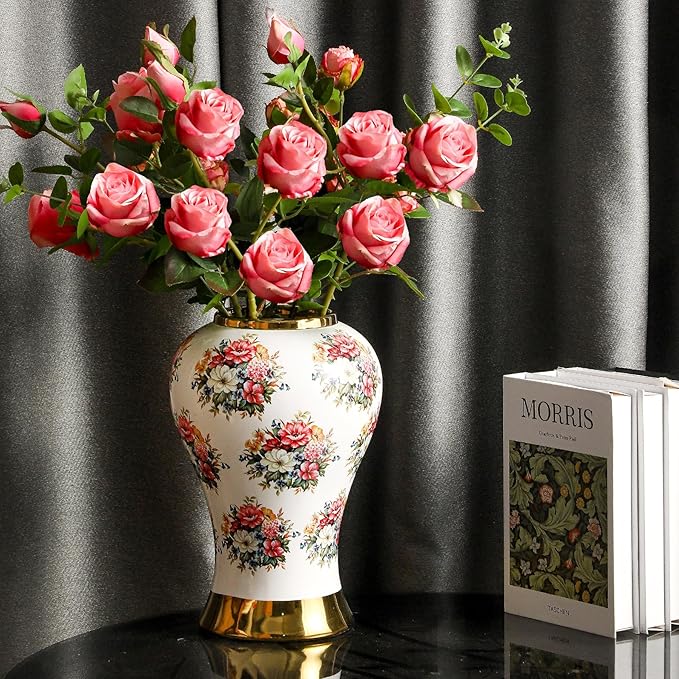 Ginger Jars for Home Decor, White Gold Ceramic Vase with Colorful Floral Pattern, Handmade Decorative Flower Vase with Lid for Home, Kitchen, Office, Table, Bookshelf, Mantle Fireplace,(12in)