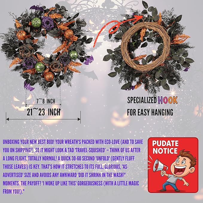 22 Inch Halloween Wreath for Front Door, Spooky Black & Purple Glitter Rose Wreath with Bats & Ornaments, Outdoor Halloween Decorations