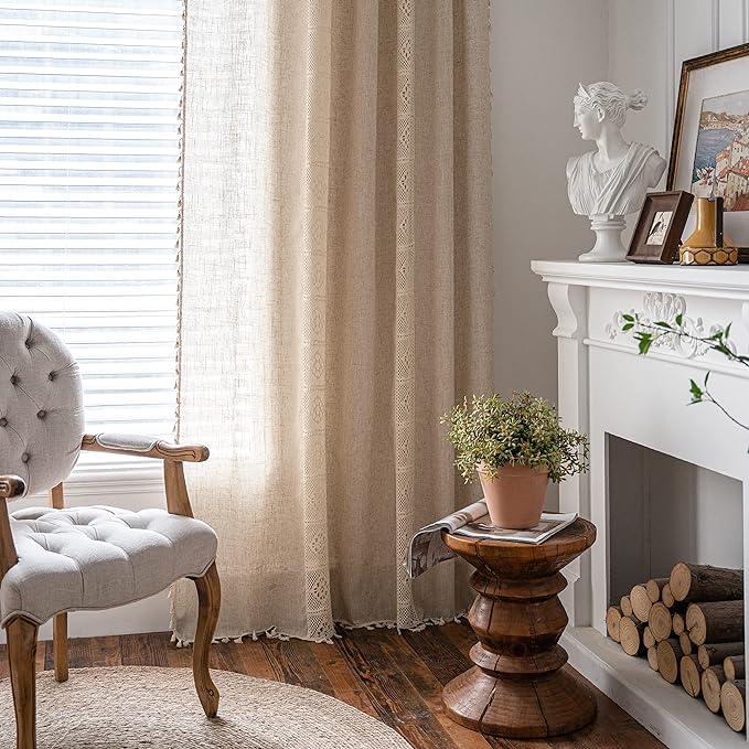 Sutuo Home Boho Curtain Semi-Blackout Crochet Hollow Lace Patchwork with Textured Linen Fabric, Handmade Tassels Rod Pocket Bohemian Window Drapes for Living Bedroom, 59" W x 84" L, 1 Panel