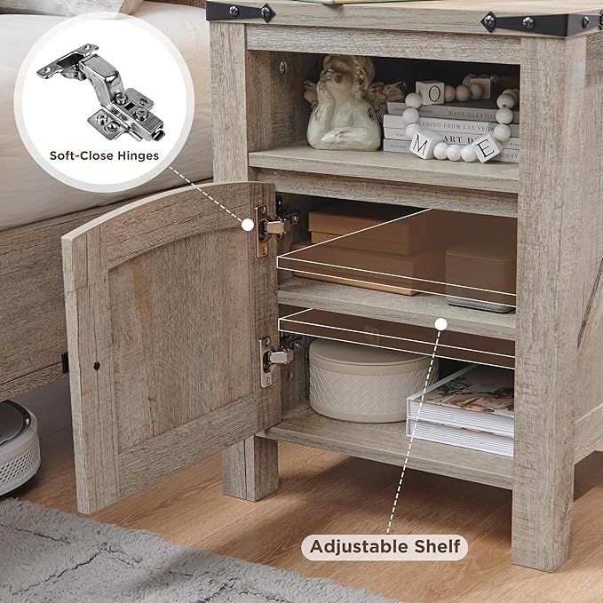 OKD Farmhouse End Table with Charging Station, 18" Rustic Nightstand with Adjustable Storage Shelf, Wood Rustic Wood Sofa Side Table for Bedroom