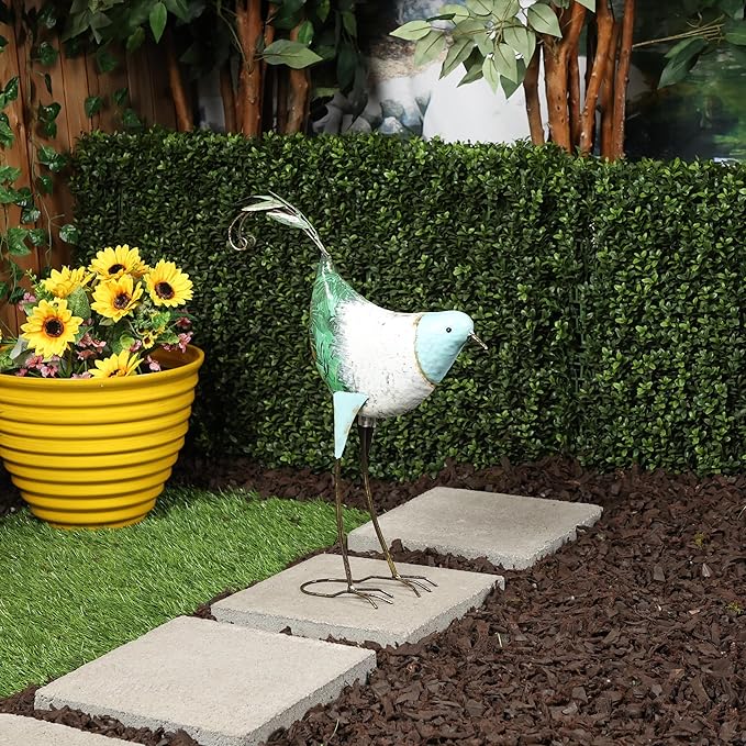 Alpine Corporation MCC702 Head-Down Metal Bird Outdoor Statue, Animal Décor for Patio, Lawn & Garden, 24" H, Blue and White