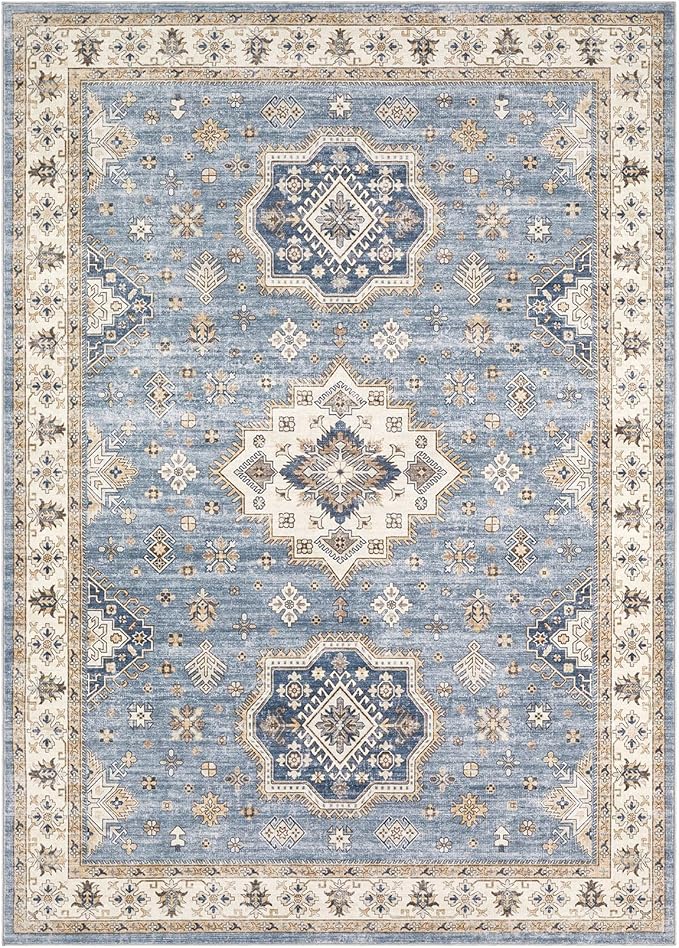 Washable Area Rugs for Living Room -10x14 Neutral Vintage Distressed Floral Farmhouse Boho Large Soft Floor Rug Indoor Non Slip Carpet for Living Room Bedroom Dining Room Office - Blue
