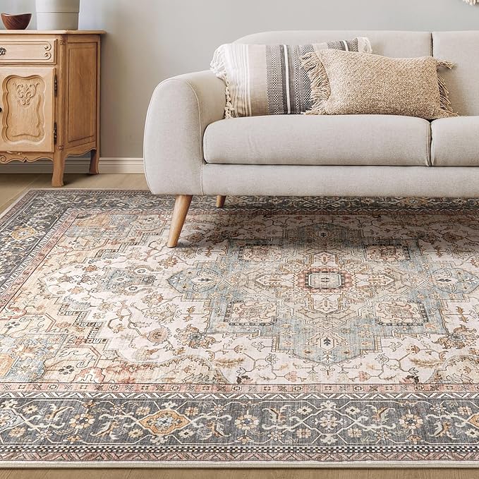 Washable Area Rugs for Living Room - 8x10 Neutral Vintage Distressed Floral Farmhouse Boho Large Soft Floor Rug Indoor Non Slip Carpet for Bedroom Dining Room Office -Forest Green Orange