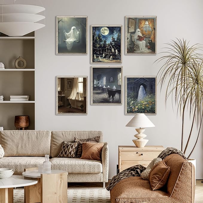 LANCHI95 6 Pcs 8x10in Halloween Wall Art Prints, Vintage Posters, Cute Ghost Pictures for Bedroom Decor (UNFRAMED)