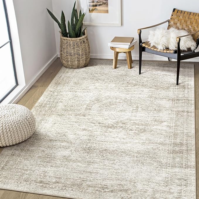 Washable Area Rugs for Living Room -6x9 Neutral Vintage Distressed Floral Farmhouse Boho Large Soft Floor Rug Indoor Non Slip Carpet for Living Room Bedroom Dining Room Office-Beige