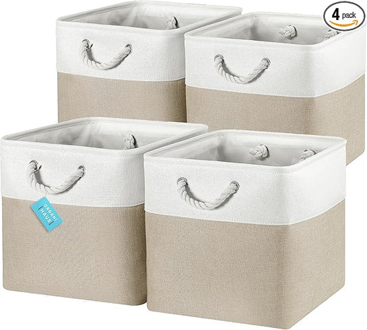OrganiHaus 13x13 Cube Storage Bins 4 Pack, Foldable Cube Storage Organizer w/ Rope Handles, Collapsible Fabric Bins for Toys, Clothes & Closet Organization, Fabric Square Baskets - Beige/White