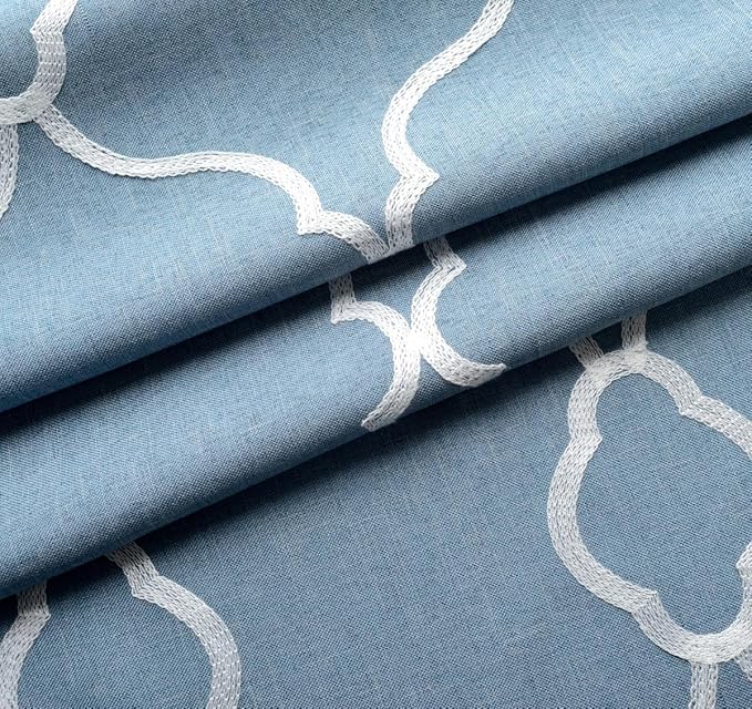 Miuco Moroccan Embroidered Semi Sheer Curtains Faux Linen Grommet Curtain Set for Bedroom 52 x 95 Inch, Dusty Blue