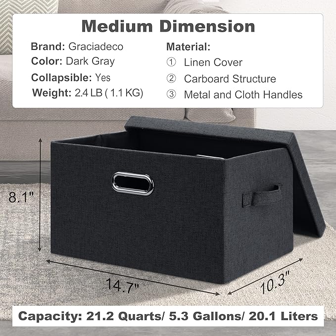 Medium 15" 21 Quart Collapsible Stackable Storage Bins with Lids, 3 Packs Dark Grey Foldable Fabric Closet Boxes Heavy-duty Linen Cube Baskets Container for Bedroom Office (15 x 11 x 8)