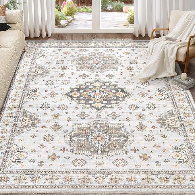 Washable Area Rugs for Living Room -9x12 Neutral Vintage Distressed Floral Farmhouse Boho Large Soft Floor Rug Indoor Non Slip Carpet for Living Room Bedroom Dining Room Office - Blue Brown