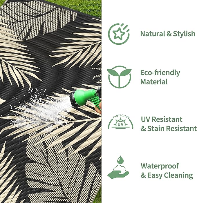 GENIMO Outdoor Rug 8' x 10' Waterproof for Patios Clearance, Reversible Outdoor Plastic Straw Camping Rug Carpet, Large Area Rugs Mats for RV, Camper, Deck, Balcony, Porch, Beach, Picnic, Black&Beige