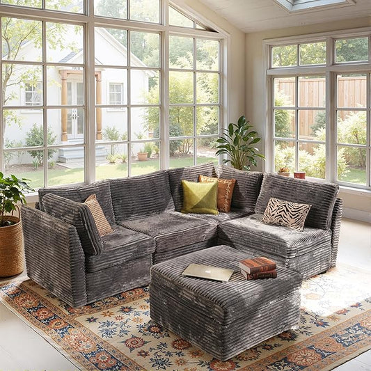Modular Sectional Sofa, 130.7" L Shaped Couch Set for Living Room, 4-Seater Comfy Cloud Couches with Movable Ottoman, DIY Combination, Plush Corduroy, Gray