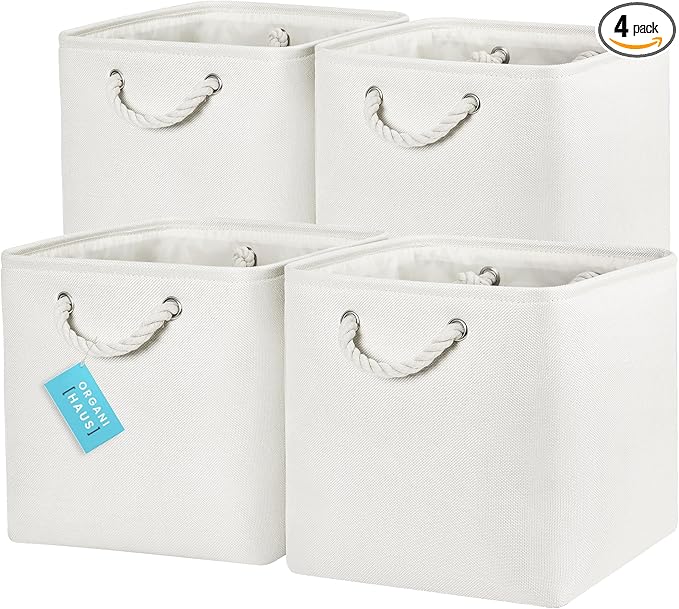 OrganiHaus 12x12 Cube Storage Bins 4 Pack, Foldable Cube Storage Organizer w/ Rope Handles, Collapsible Fabric Bins for Toys, Clothes & Closet Organization, Fabric Square Baskets - Off-White