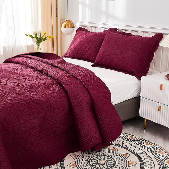 MarCielo 3-Piece 100% Cotton Oversized Bedspread Lightweight Quilt Coverlet Embroidery Farmhouse Bedding Set T0 (Wine Burgundy, Oversized King (118"x106"))