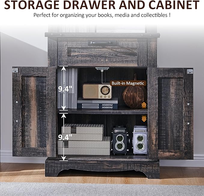 OKD 72'' Tall Bookshelf with Storage, Farmhouse 4 Tier Bookcase w/Barn Door, Adjustable Shelves and Drawers, Rustic Wooden Office Bookshelves for Home Bedroom, Living Room, Library (Dark Rustic Oak)