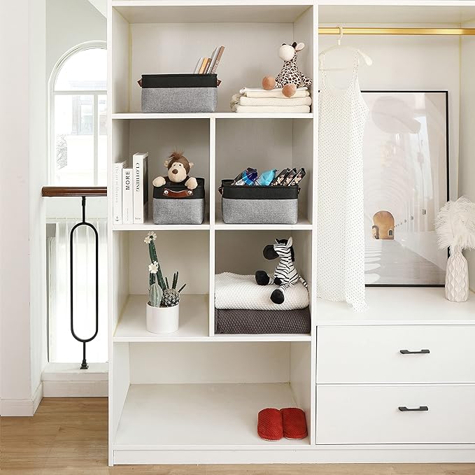 OrganiHaus Small Fabric Storage Baskets for Shelves 3 Pack, 12x8in Closet Storage Bins for Shelves, Cloth Baskets for Organizing, Linen Closet Organizers, Fabric Basket, Gray/Black