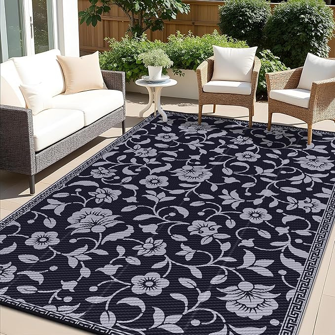 OLANLY Waterproof Outdoor Rug 8x10 ft, Outdoor Plastic Straw Rug with Flower Pattern, Reversible RV Mat for Patio, Camping, Balcony, Deck, Backyard, Black & Grey