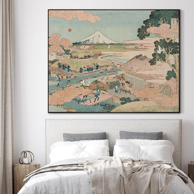 SIGNWIN 36"x46" Extra Large Framed Wall Art Japanese Ukiyo-e Landscape, Timeless Mt. Fuji Scene for Zen-Inspired or Asian-Style Interiors for Home Living Room Bedroom Decor (Frame Assembly Required)