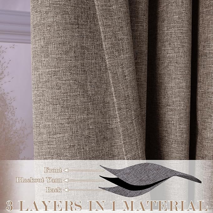 70" W x 108" L Faux Linen Room Divider Curtains, Full Blackout Pinch Pleated Drapes for Traverse Rod, Bedroom Divider Privacy Drapery with Hooks for Ceiling Track, 1 Panel, Light Brown