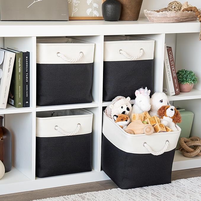 OrganiHaus 12x12 Cube Storage Bins 4 Pack, Foldable Cube Storage Organizer w/ Rope Handles, Collapsible Fabric Bins for Toys, Clothes & Closet Organization, Fabric Square Baskets - Black/White