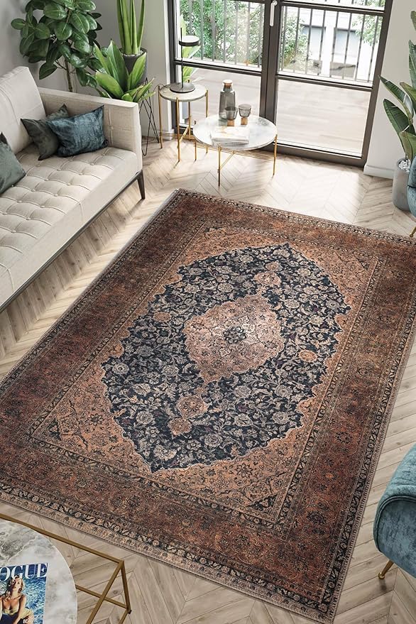 Keen Home Design 6x9 Rug - Machine Washable Area Rug with Non-Slip Backing, Ideal for Living Room, Dining Room, Bedroom - Vintage, Easy Clean, Durable, Low Pile Rug - (6' x 9')