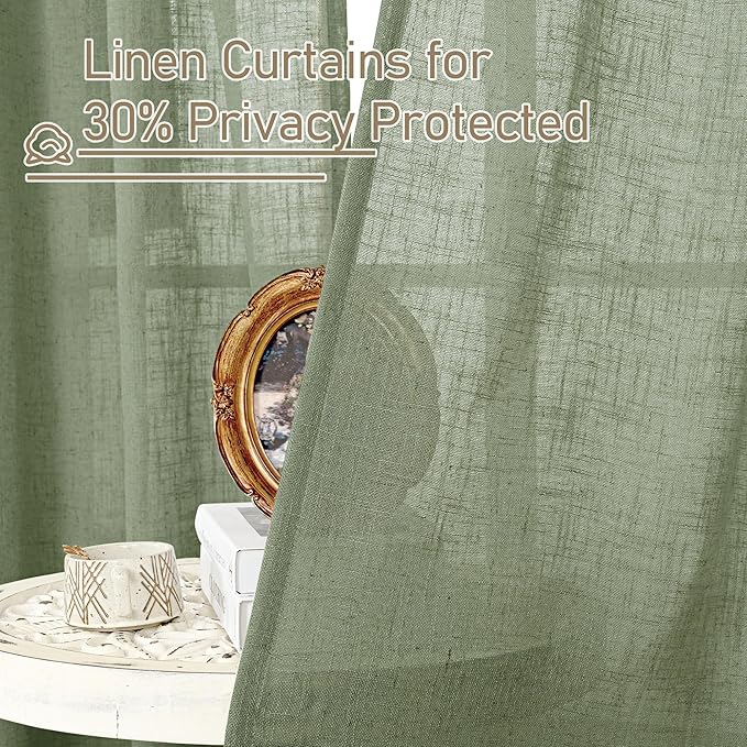 LAMIT Sage Green Linen Curtains 84 inch Length, Semi Sheer Light Filtering Living Room Decor Panels Bronze Grommet Neutral Boho Drapes for Bedroom, 2 Panels Set, 34 x 84 Inch