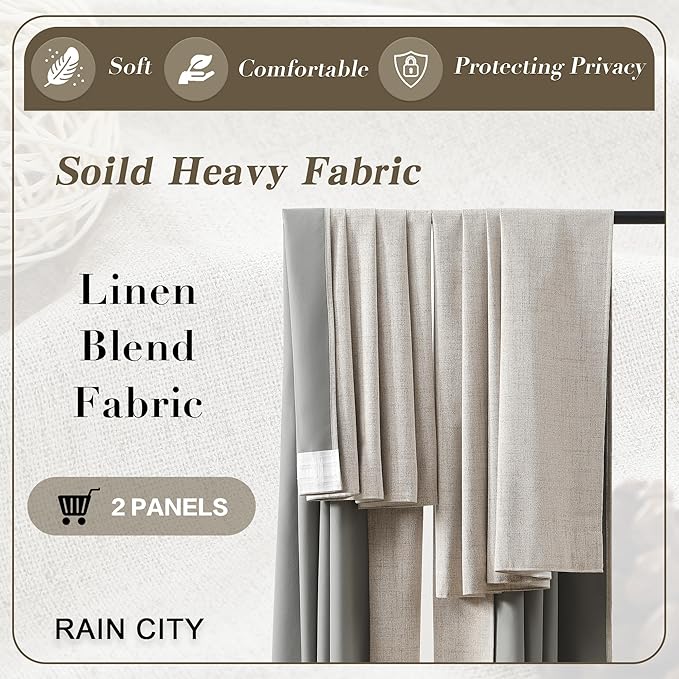 RAIN CITY Blackout Beige Curtains for Living Room 100 Inch Long 2 Panels,Linen Textured Rustic Dull Room Darkening Drapes for Dining Room Back Tab with Hooks Cottage Urban Decor 50x100