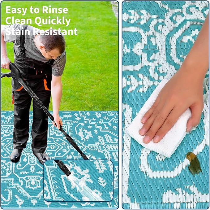 Waterproof Outdoor Rug 9x18 Reversible Plastic Straw Patio Rug, Stain-Resistant Vintage Medallion Carpet, Large Indoor Outdoor RV Mat for Deck, Camping, Balcony, Light Blue/White