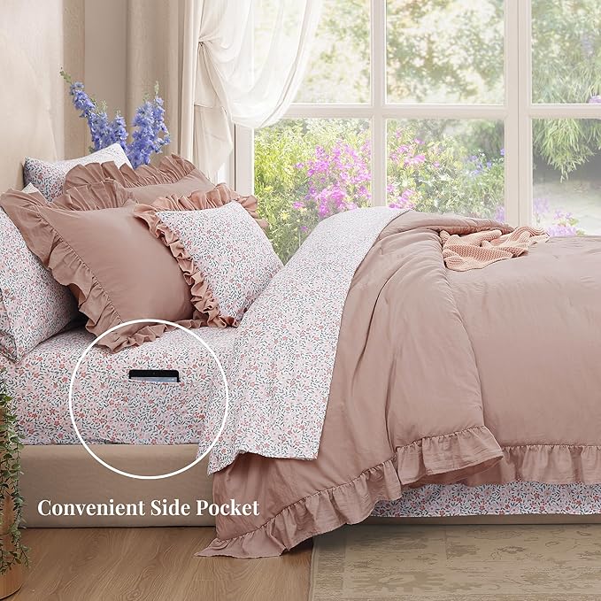 King Comforter Set - 7 Pieces Ruffle Pink Bedding Sets, Shabby Chic Farmhouse Bed in a Bag King with Ruffle Comforter, Floral Sheets, Pillowcases & Shams